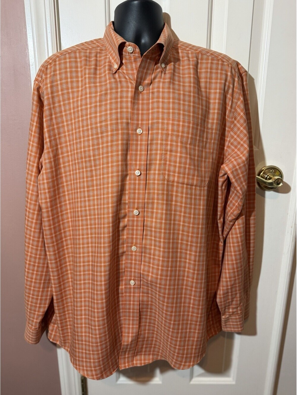 LL Bean Button Down Shirt Mens Large Orange Plaid Wrinkle Resistant Cotton
